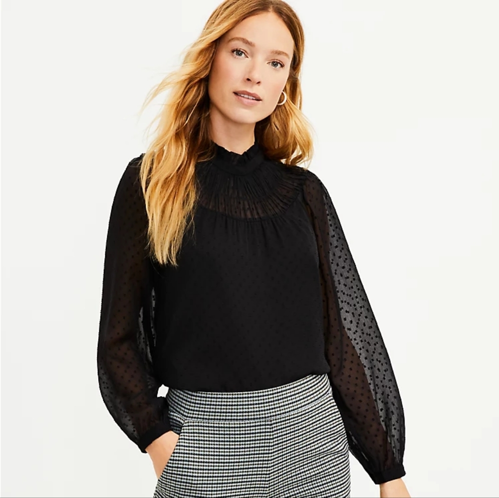 Loft NWT petite clip smocked yoke blouse XS black
